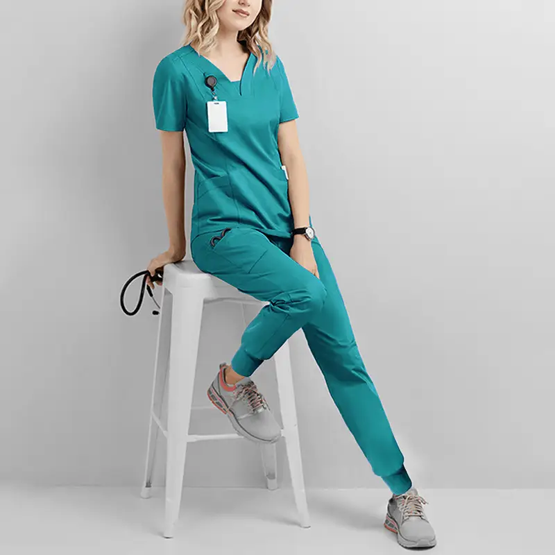 Elastic V-Neck Medical Work Top Teal Women - Image 5