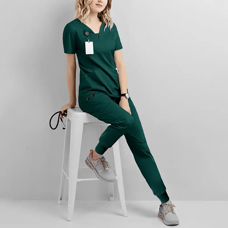 Elastic V-Neck Medical Work Top Teal Women - Image 7