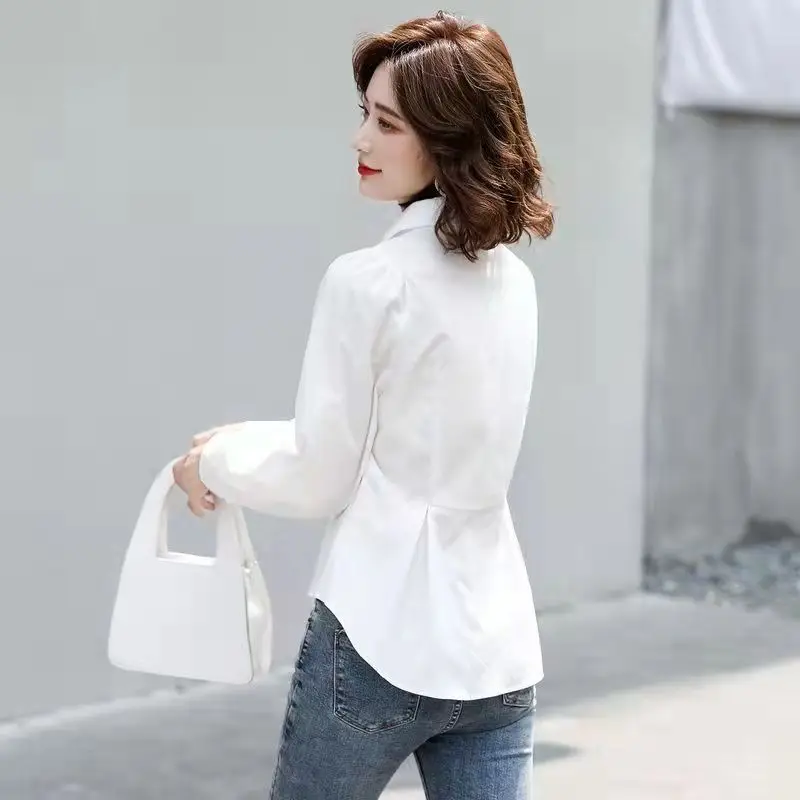 White Slim Fit Long Sleeve Cardigan Shirt for Women