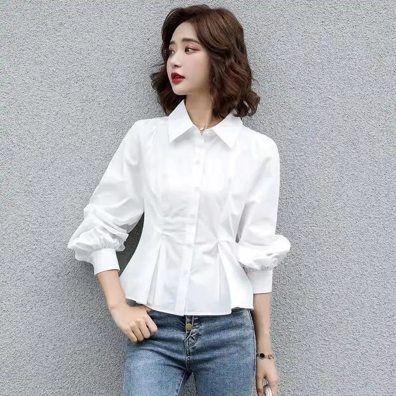 White Slim Fit Long Sleeve Cardigan Shirt for Women
