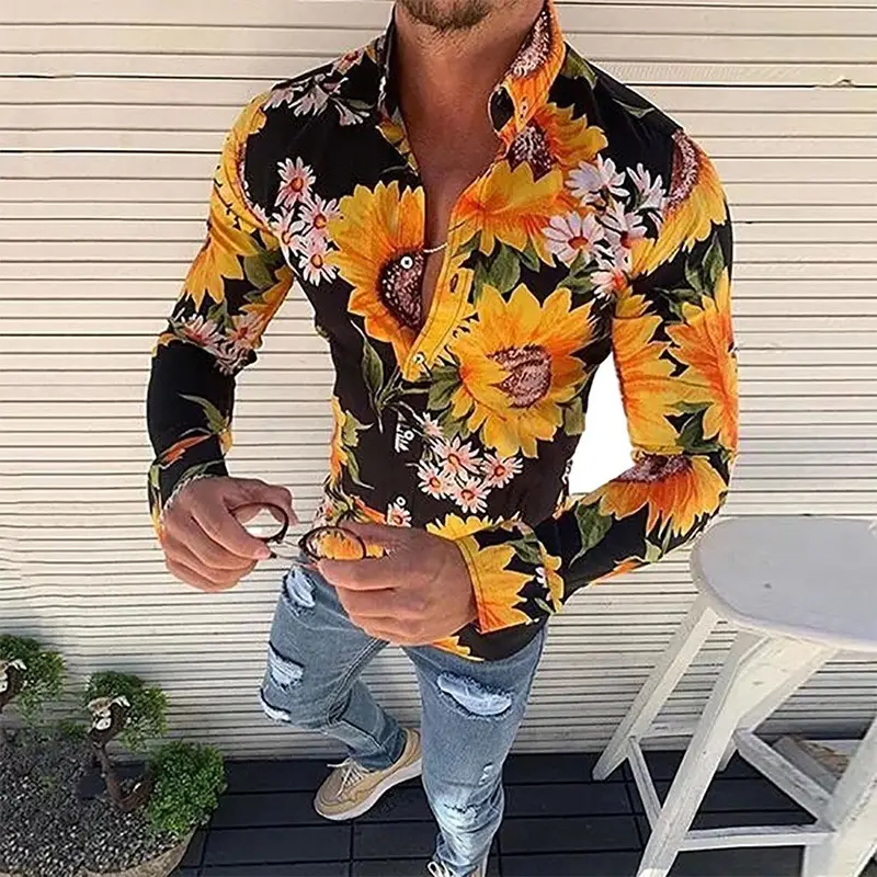 Men's Sunflower Floral Lapel Shirt Red 2026 - Image 9