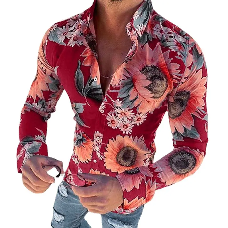 Men's Sunflower Floral Lapel Shirt Red 2026 - Image 10