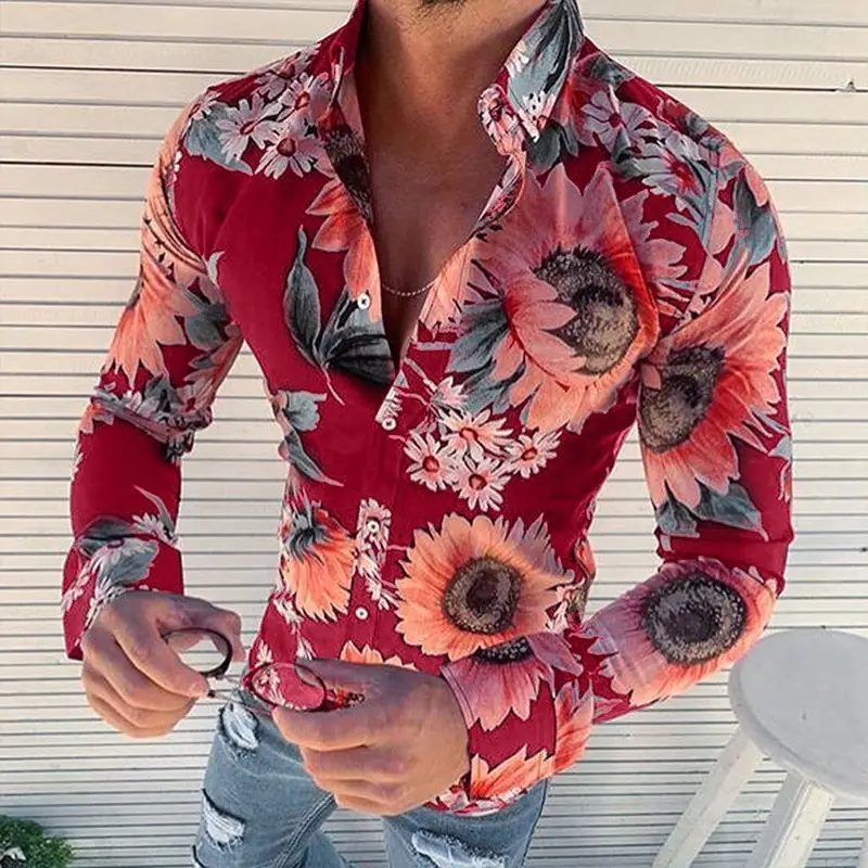 Men's Sunflower Floral Lapel Shirt Red 2026 - Image 3