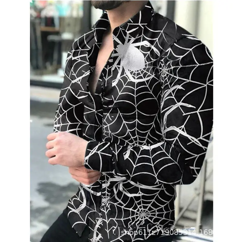 Men Printed Casual Shirt Yellow Black Green Lapel Long Sleeve - Image 2