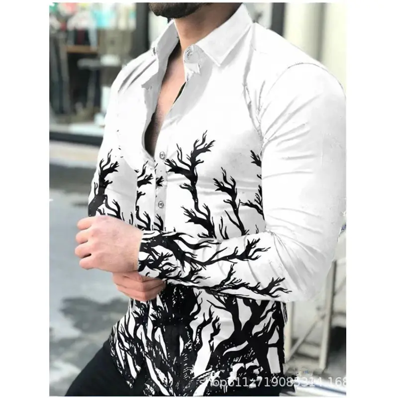 Men Printed Casual Shirt Yellow Black Green Lapel Long Sleeve - Image 6