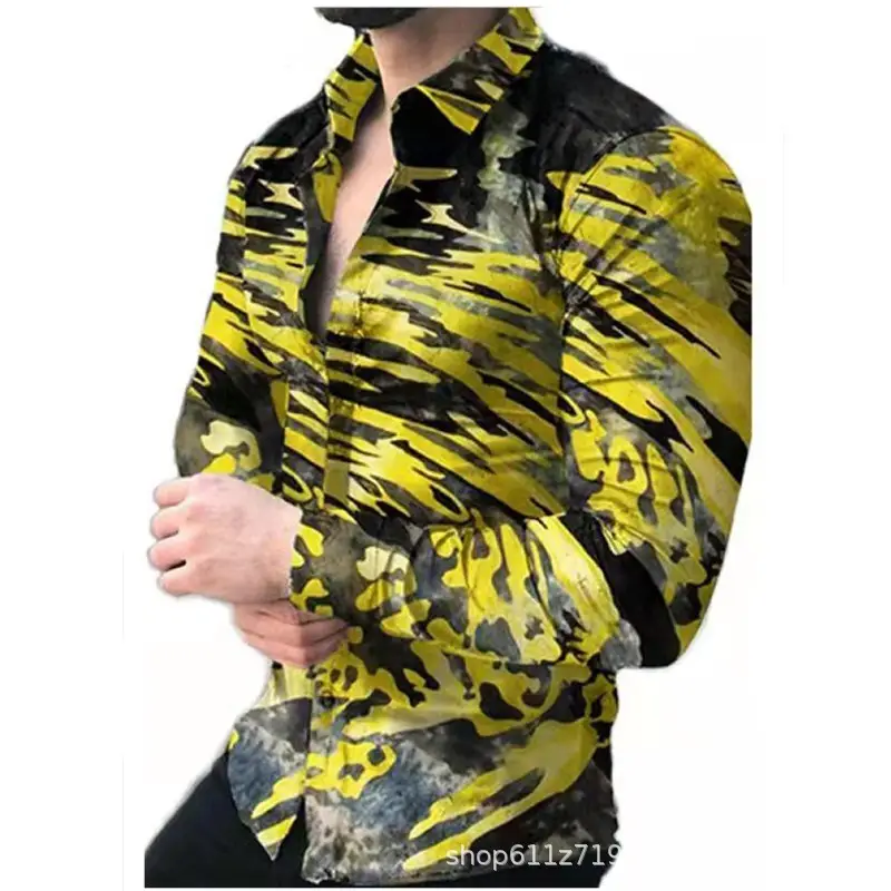 Men Printed Casual Shirt Yellow Black Green Lapel Long Sleeve - Image 4