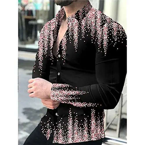 Men Printed Casual Shirt Yellow Black Green Lapel Long Sleeve - Image 10