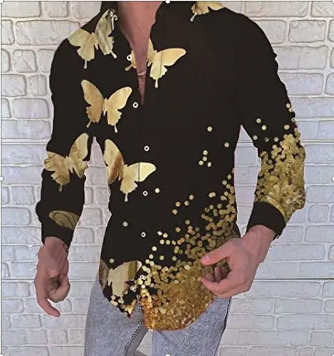 Men Printed Casual Shirt Yellow Black Green Lapel Long Sleeve - Image 11