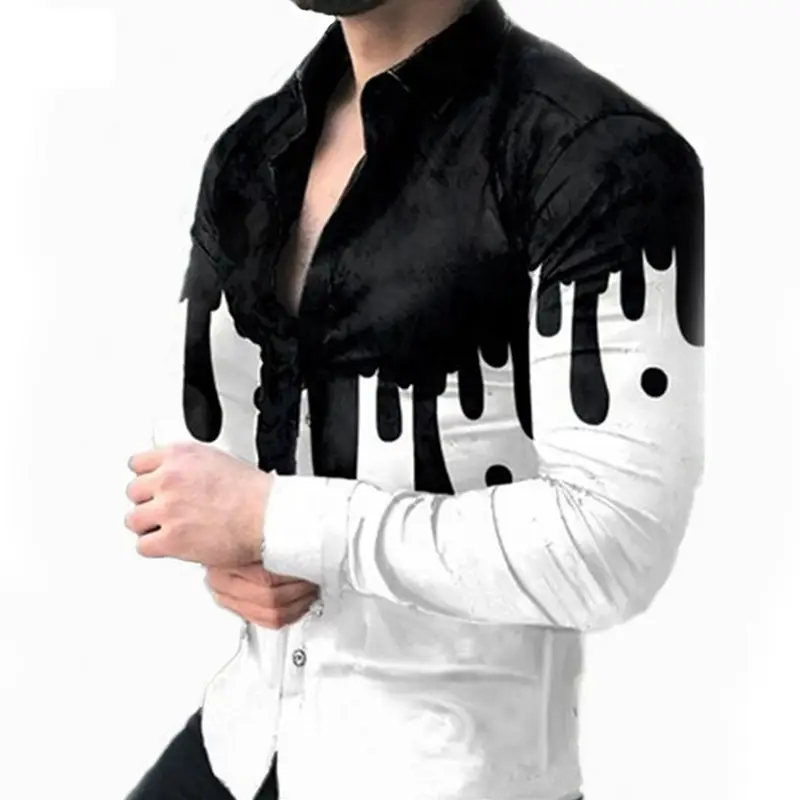 Men Printed Casual Shirt Yellow Black Green Lapel Long Sleeve - Image 12
