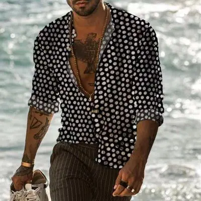 Men Printed Casual Shirt Yellow Black Green Lapel Long Sleeve - Image 14