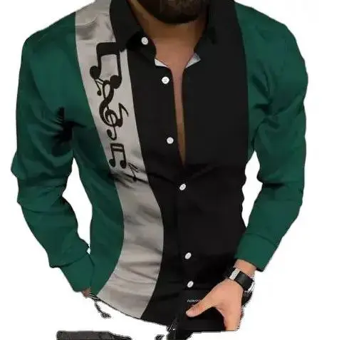 Men Printed Casual Shirt Yellow Black Green Lapel Long Sleeve - Image 17