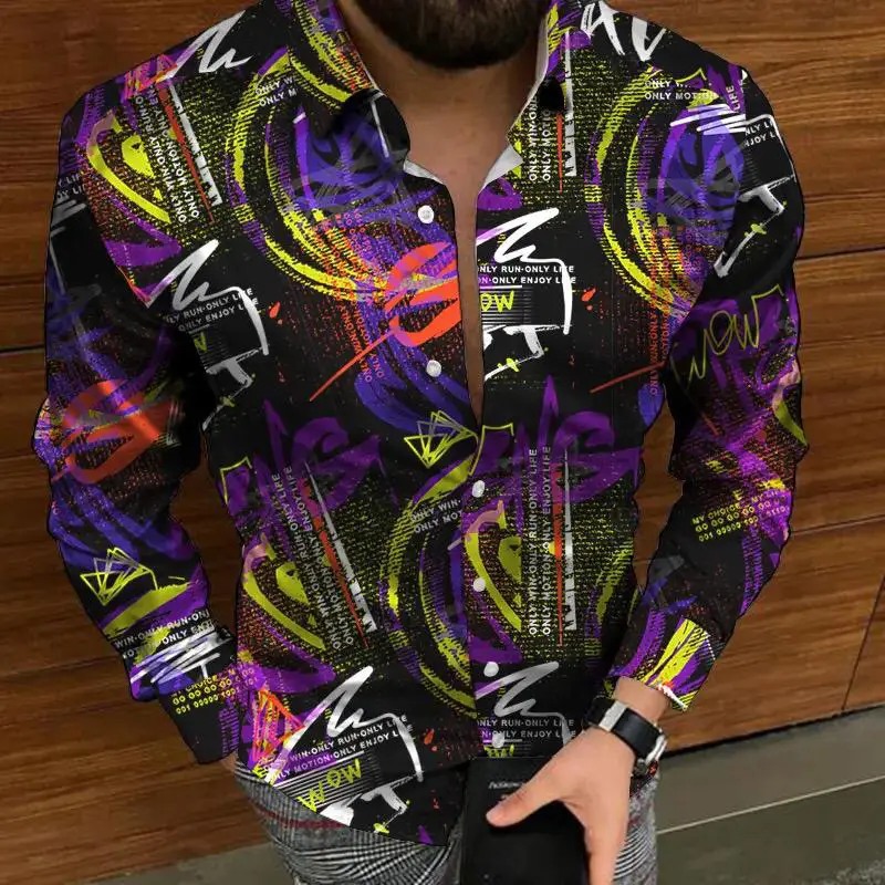 Men Printed Casual Shirt Yellow Black Green Lapel Long Sleeve - Image 18