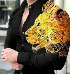 Men Printed Casual Shirt Yellow Black Green Lapel Long Sleeve - Image 19
