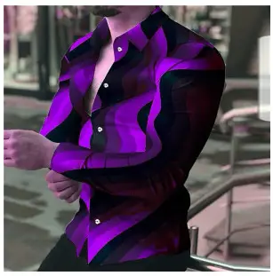 Men Printed Casual Shirt Yellow Black Green Lapel Long Sleeve - Image 20