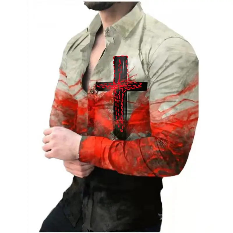 Men Printed Casual Shirt Yellow Black Green Lapel Long Sleeve - Image 3