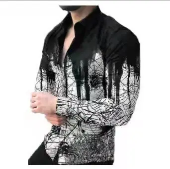 Men Printed Casual Shirt Yellow Black Green Lapel Long Sleeve - Image 7
