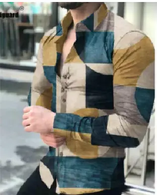 Men Printed Casual Shirt Yellow Black Green Lapel Long Sleeve - Image 9