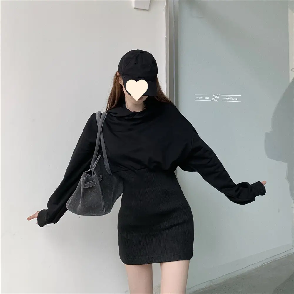 Black Sweatshirt Dress for Women Autumn Winter Niche Small - Image 3