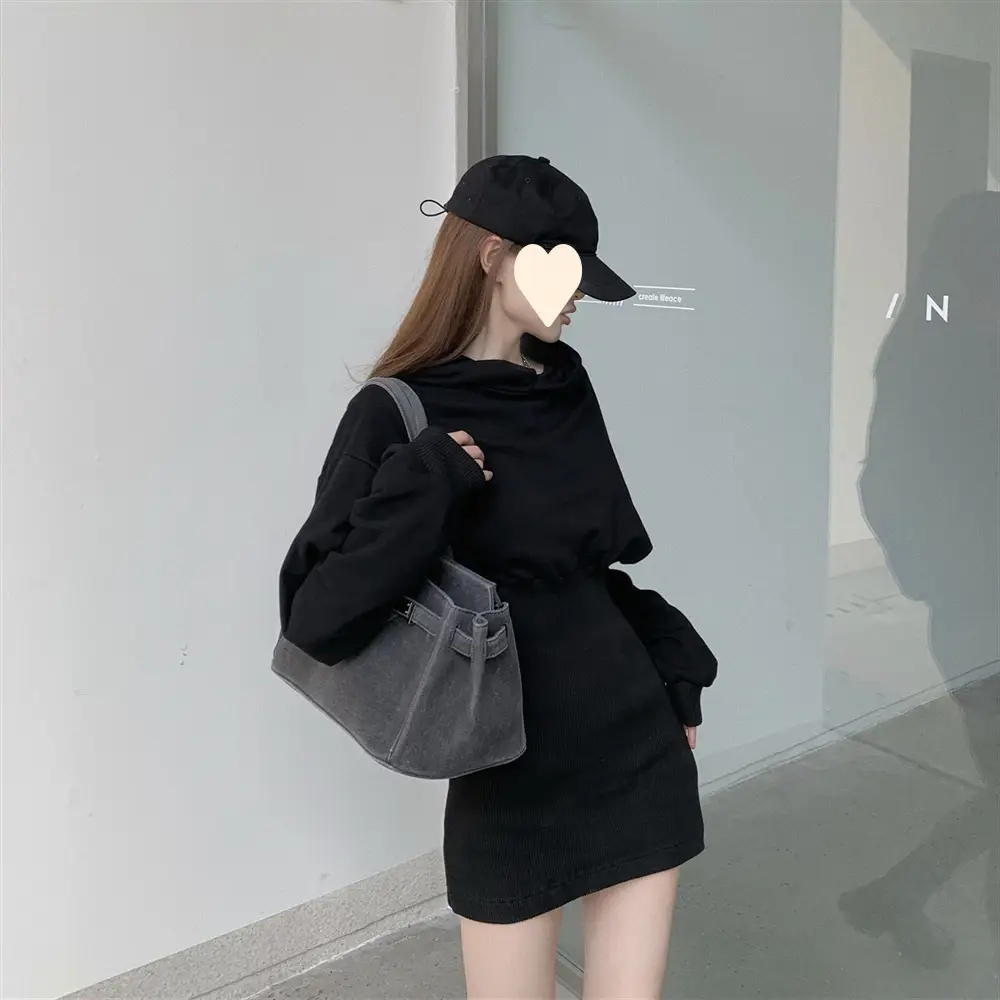 Black Sweatshirt Dress for Women Autumn Winter Niche Small - Image 4