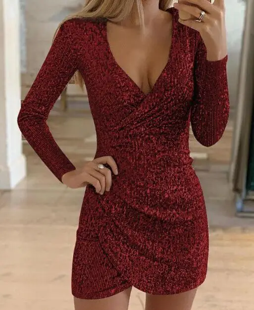Purple Sequined V-Neck Hip-Length Dress