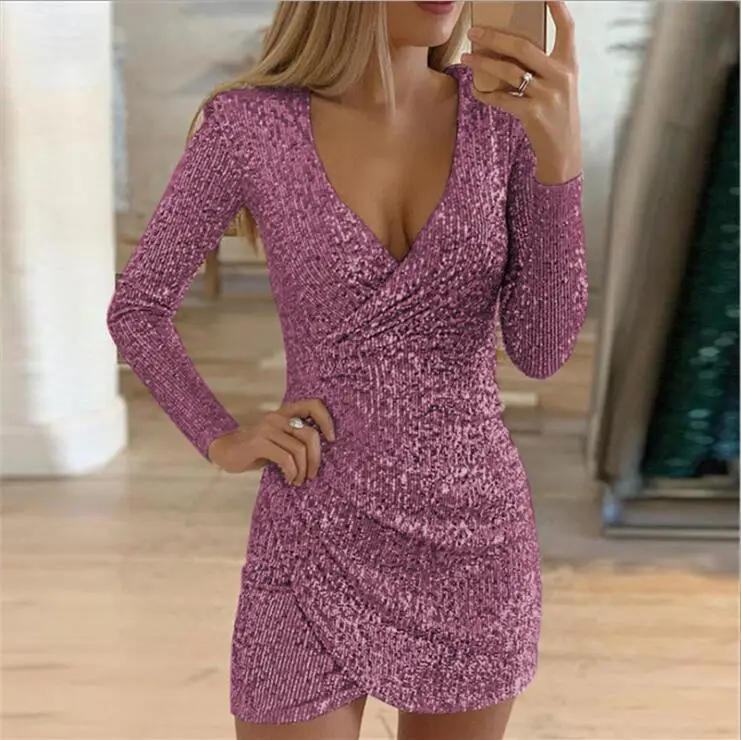 Purple Sequined V-Neck Hip-Length Dress