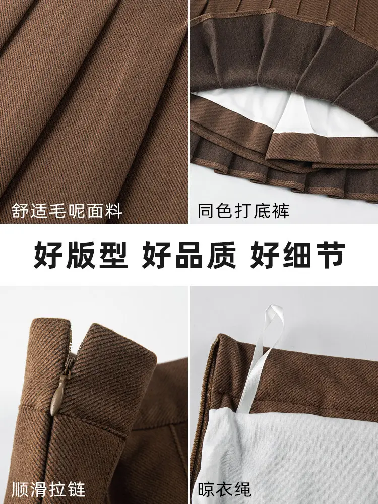 Women Woolen Pleated Skirt Black High Waist Winter