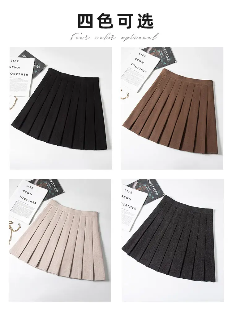 Women Woolen Pleated Skirt Black High Waist Winter