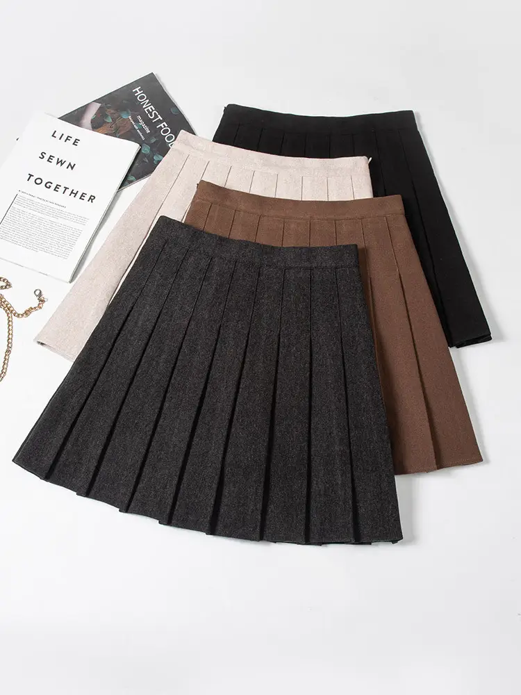 Women Woolen Pleated Skirt Black High Waist Winter