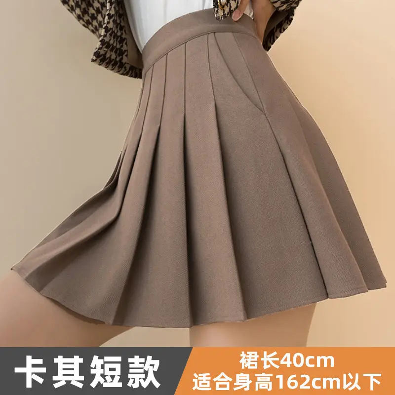 Women Woolen Pleated Skirt Black High Waist Winter