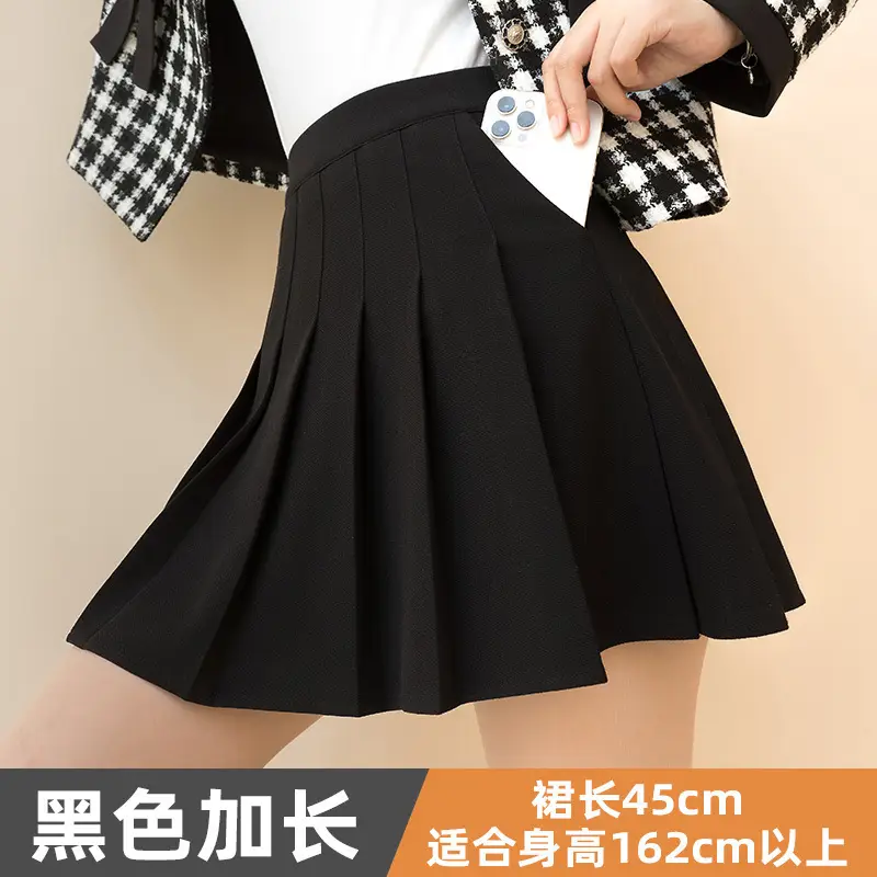 Women Woolen Pleated Skirt Black High Waist Winter
