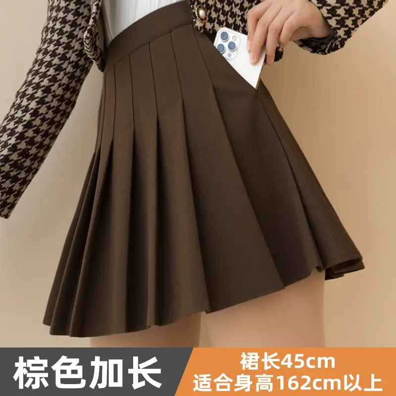 Women Woolen Pleated Skirt Black High Waist Winter