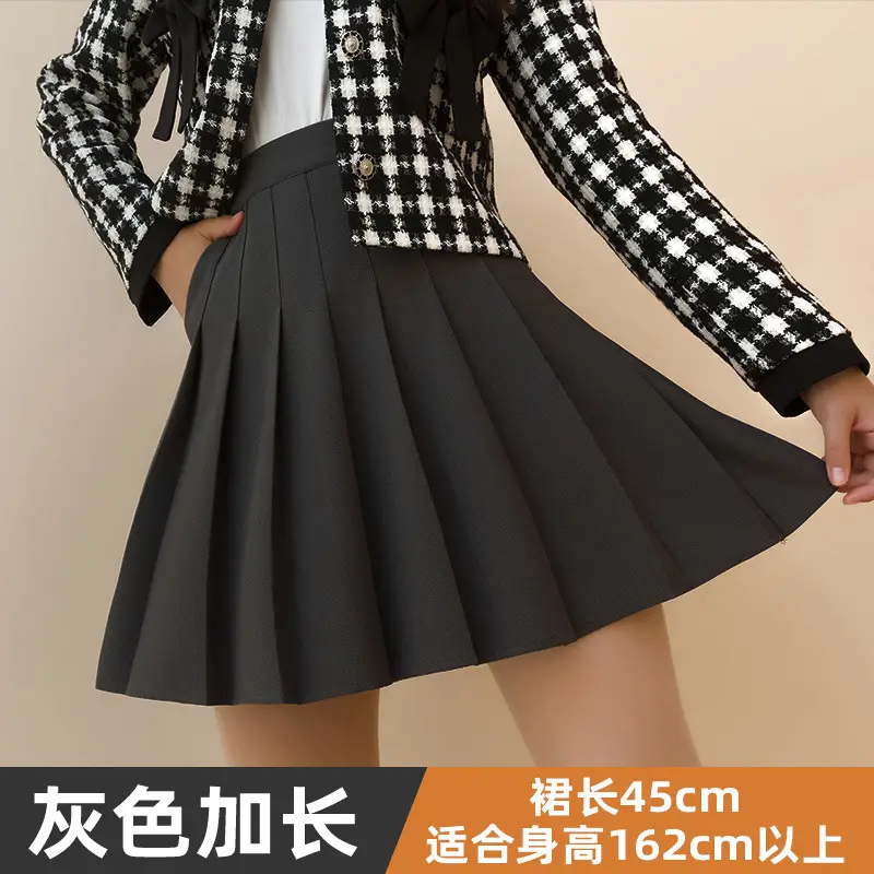 Women Woolen Pleated Skirt Black High Waist Winter