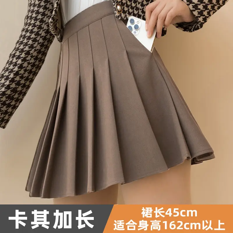 Women Woolen Pleated Skirt Black High Waist Winter