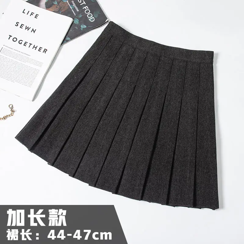 Women Woolen Pleated Skirt Black High Waist Winter