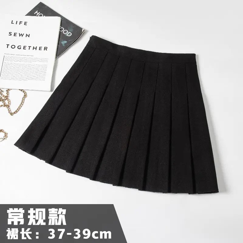 Women Woolen Pleated Skirt Black High Waist Winter