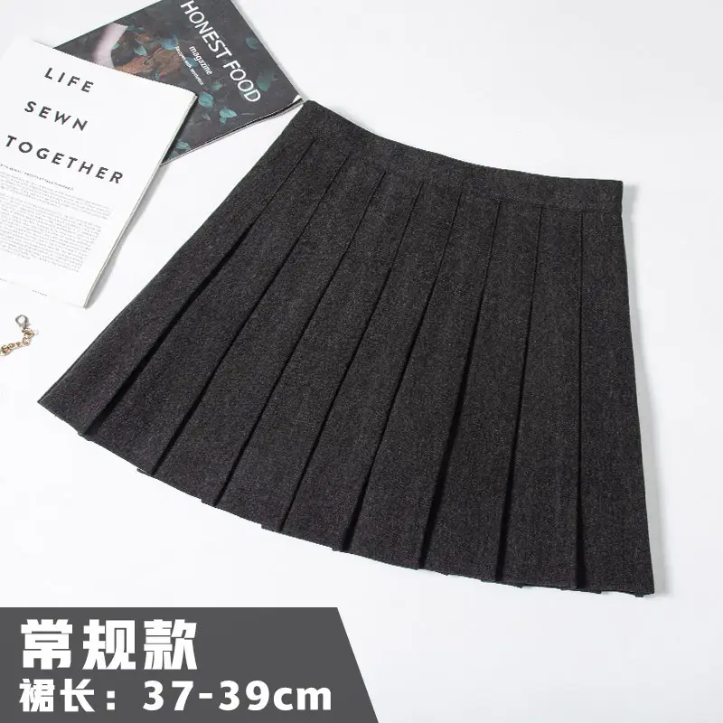 Women Woolen Pleated Skirt Black High Waist Winter