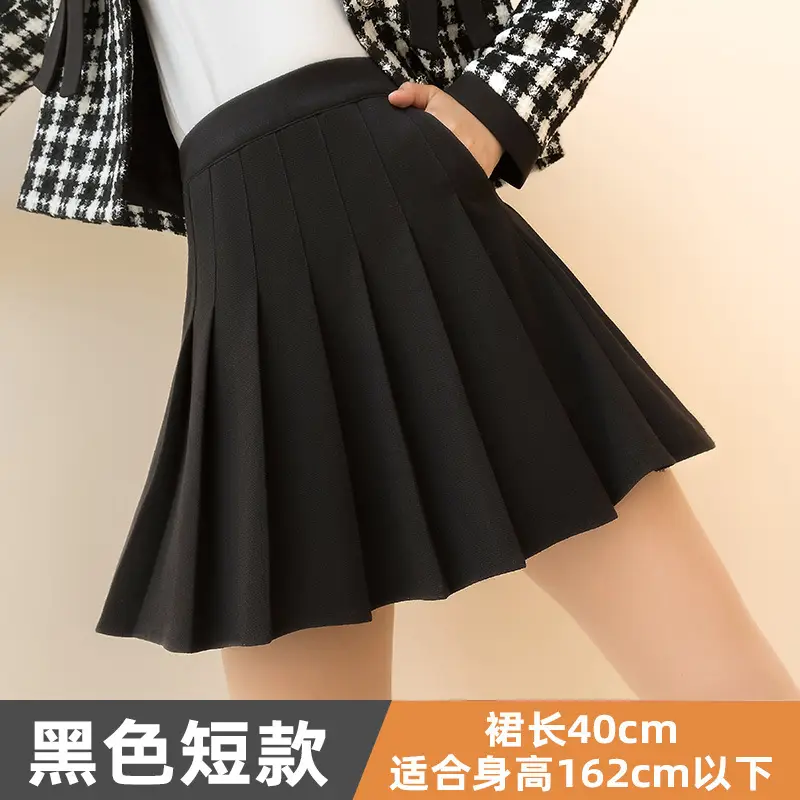 Women Woolen Pleated Skirt Black High Waist Winter