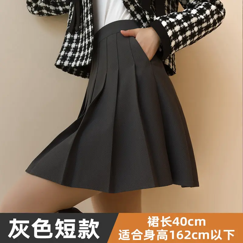 Women Woolen Pleated Skirt Black High Waist Winter