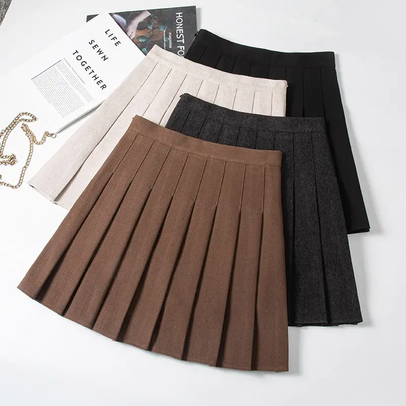 Women's Lengthened Woolen Pleated Skirt Brown High Waist