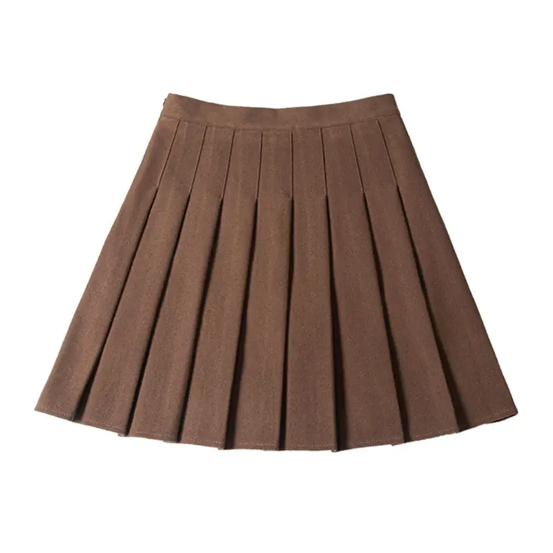 Women's Lengthened Woolen Pleated Skirt Brown High Waist