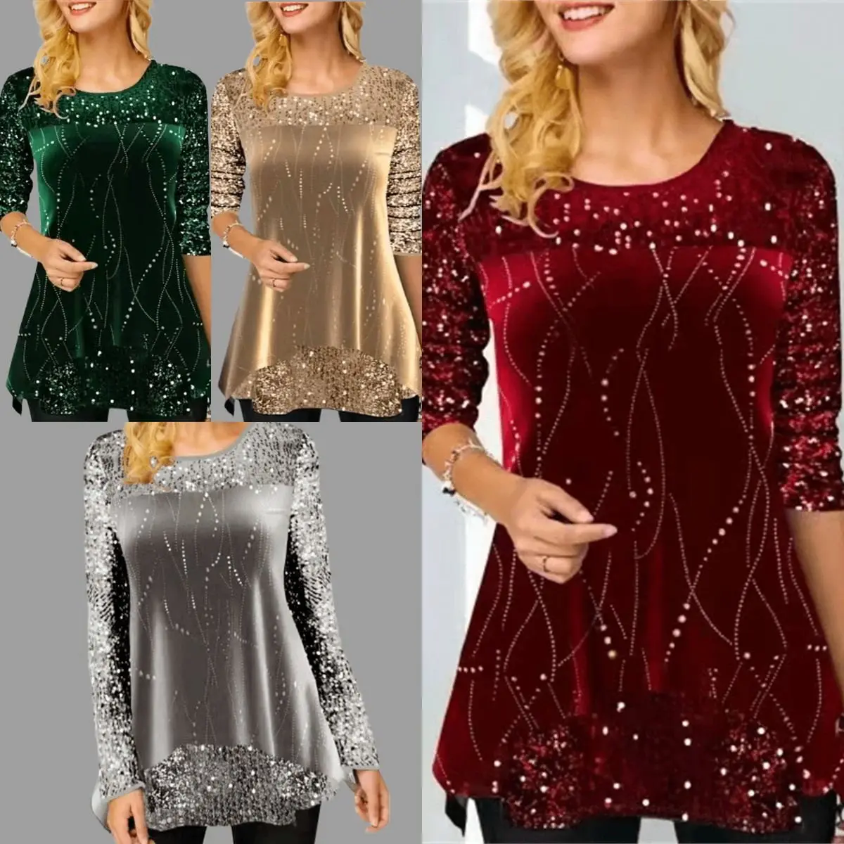 Women's Maroon Sequin Round Neck Top — feature 33