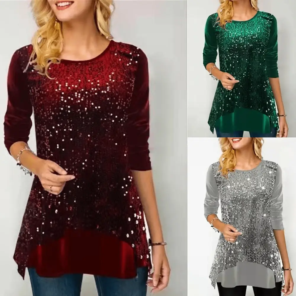 Women's Maroon Sequin Round Neck Top — feature 34