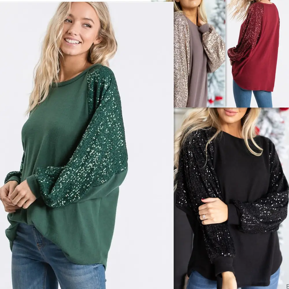 Women's Maroon Sequin Round Neck Top — feature 37