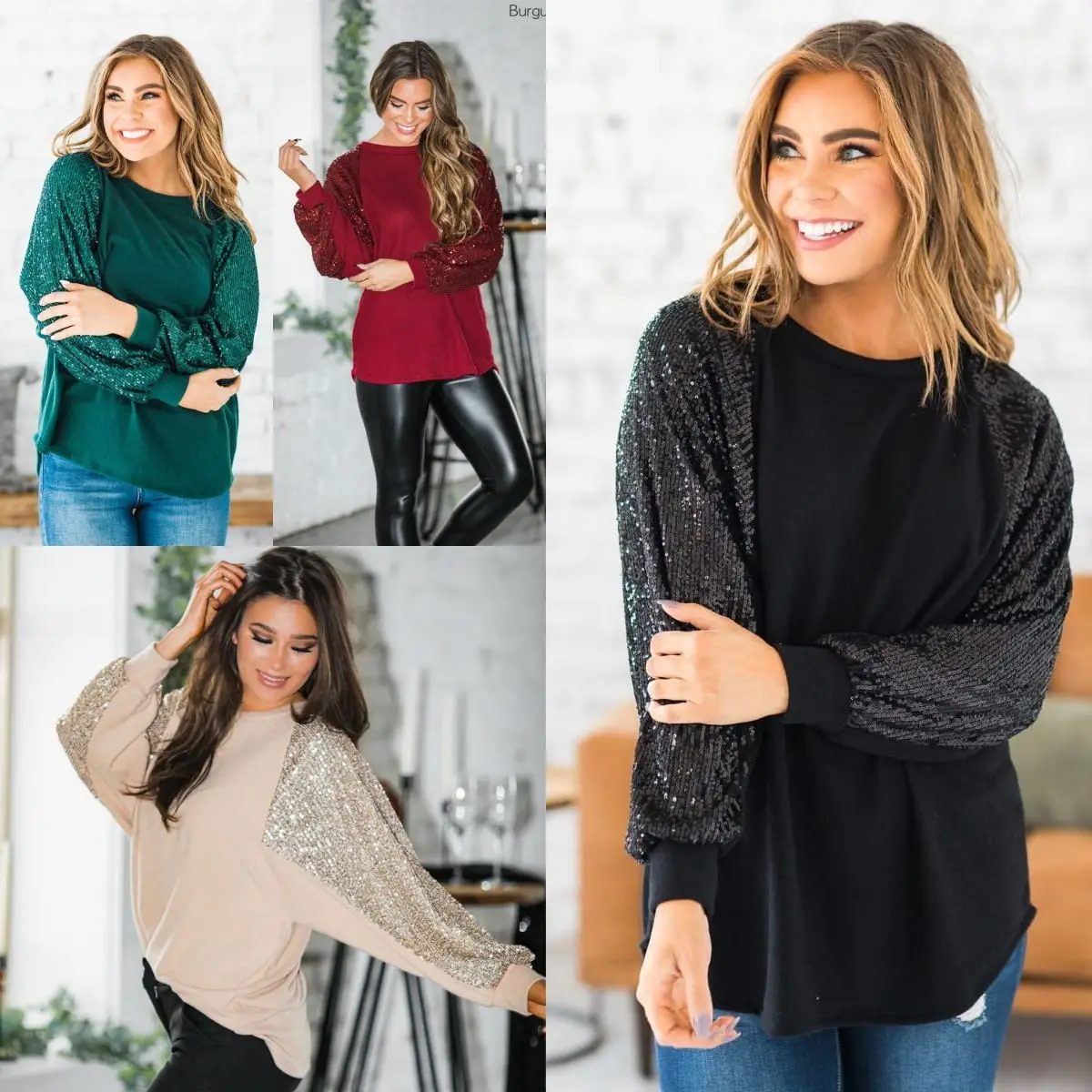 Women's Maroon Sequin Round Neck Top — feature 38