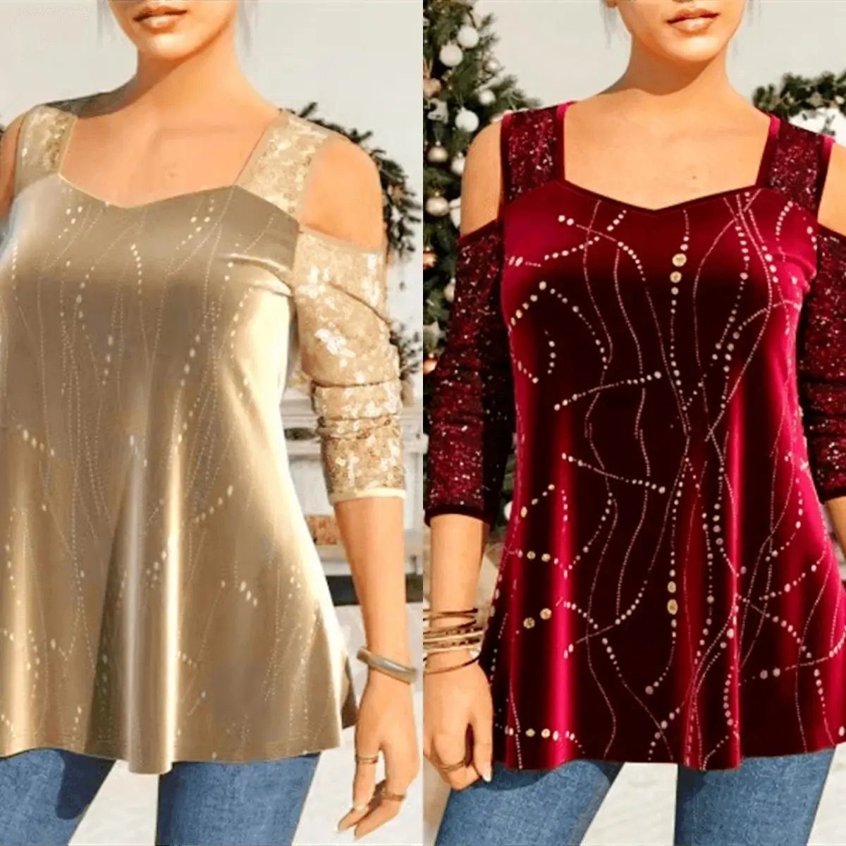 Women's Maroon Sequin Round Neck Top — feature 39