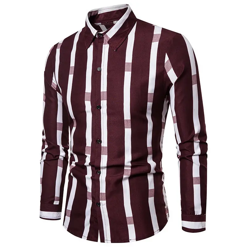 Men's Maroon Striped Long Sleeve Shirt - Image 3