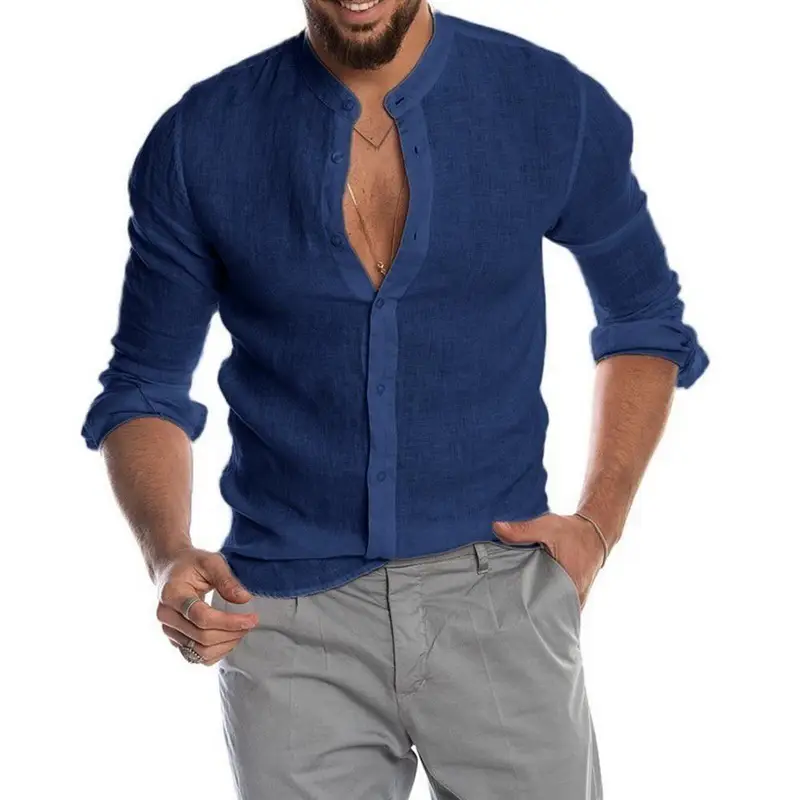 Men's Light Blue Cotton Button Down Cardigan Shirt - Image 4