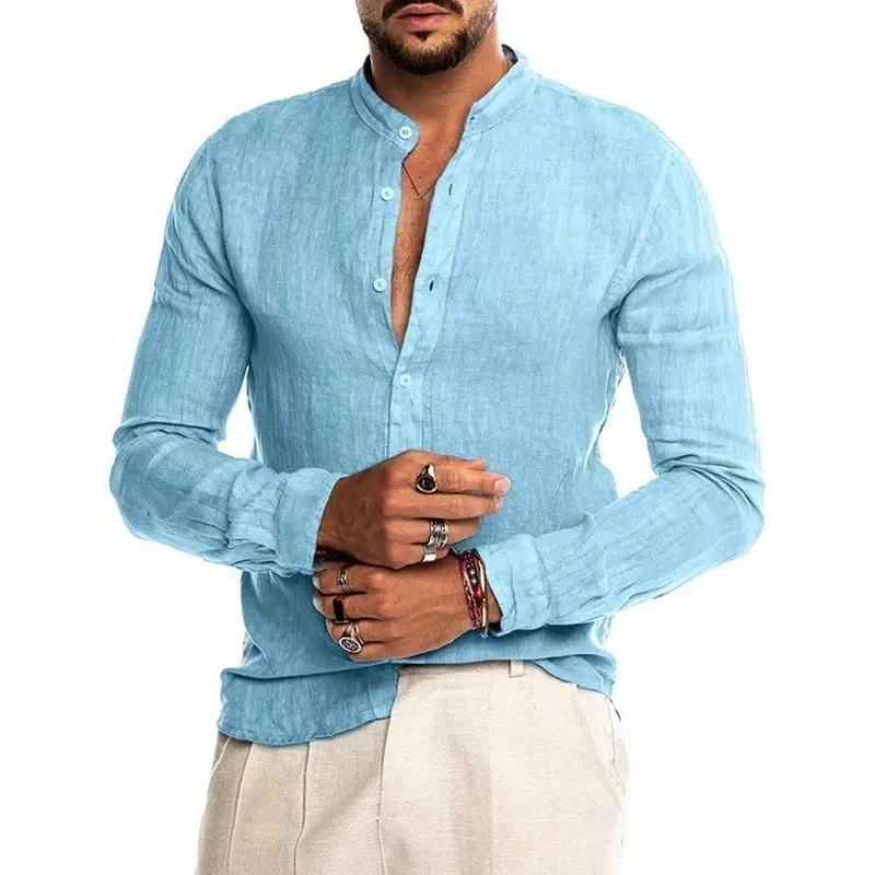 Men's Light Blue Cotton Button Down Cardigan Shirt - Image 5