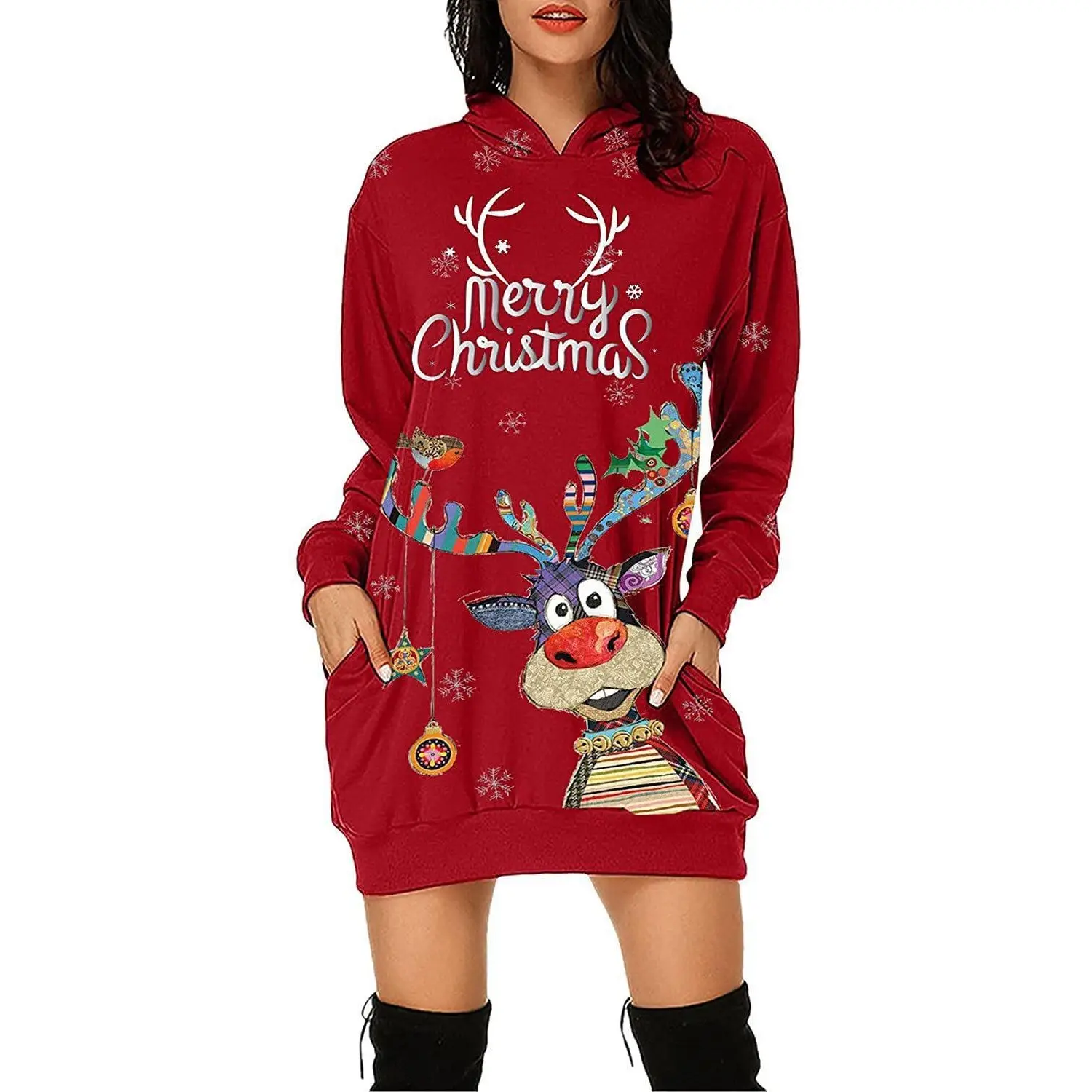 Christmas Deer Print Red Sweater Dress for Women - Image 2