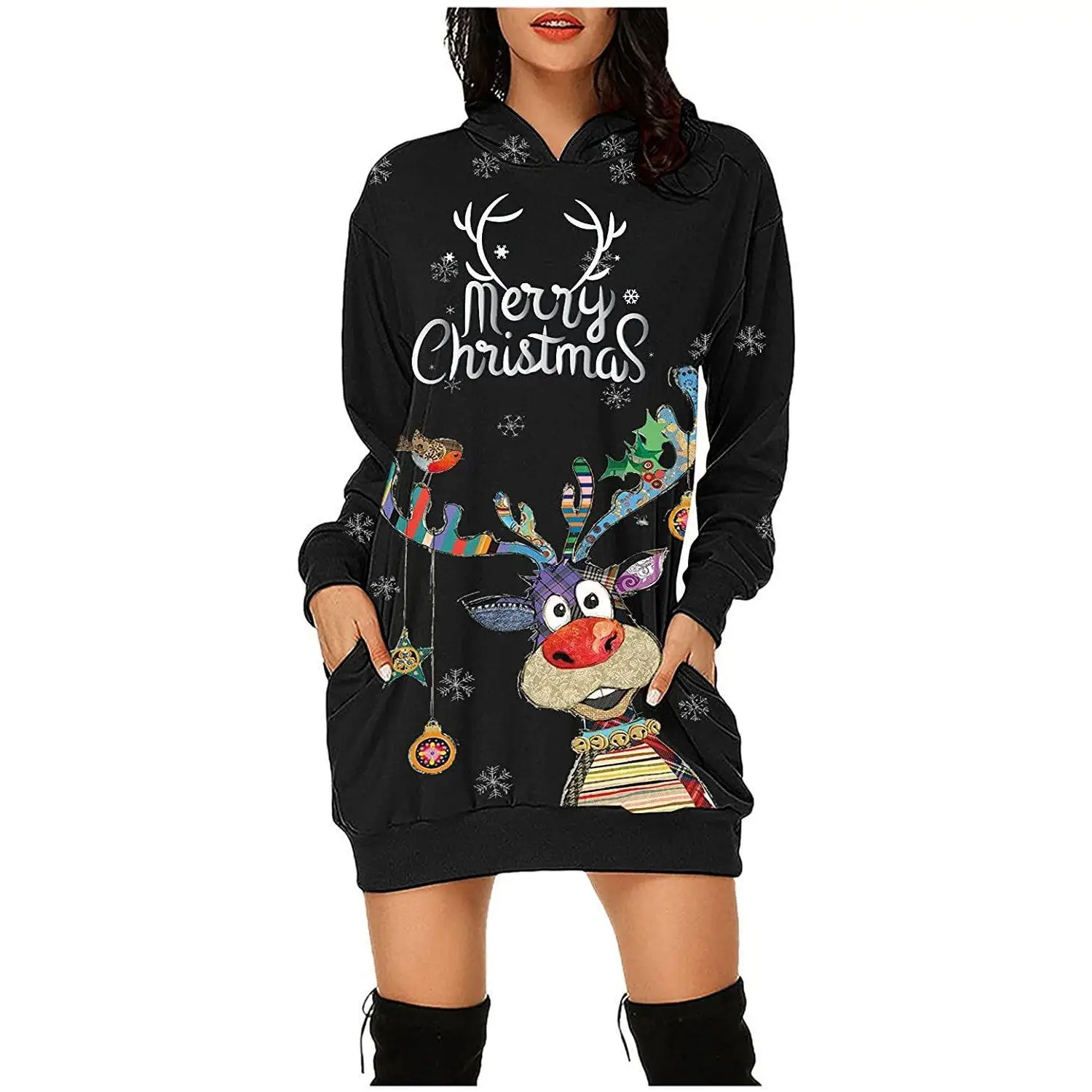 Christmas Deer Print Red Sweater Dress for Women — feature 2